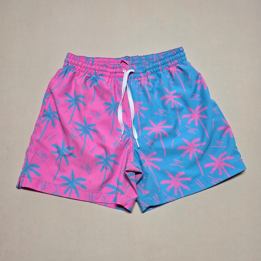 Chubbies Mens Pink Blue Palm Tree Print Swim Trunks Size Small Mesh Lined